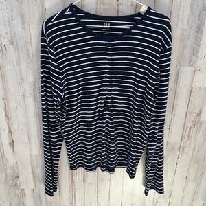 Gap Modern Henley Navy Blue Stripe Long Sleeve Ribbed Shirt Womens Size XL